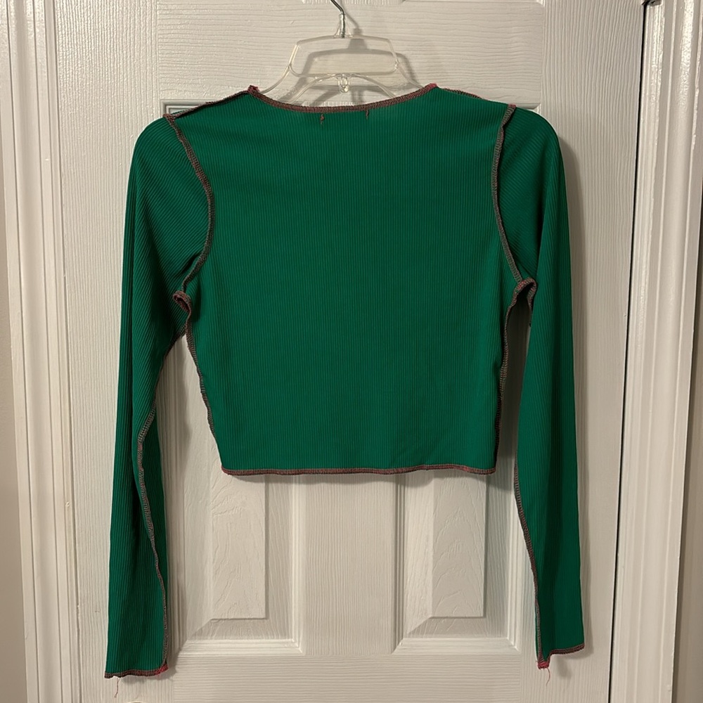 Green Rib Splice Contrast Button Shirt - Picture 3 of 4